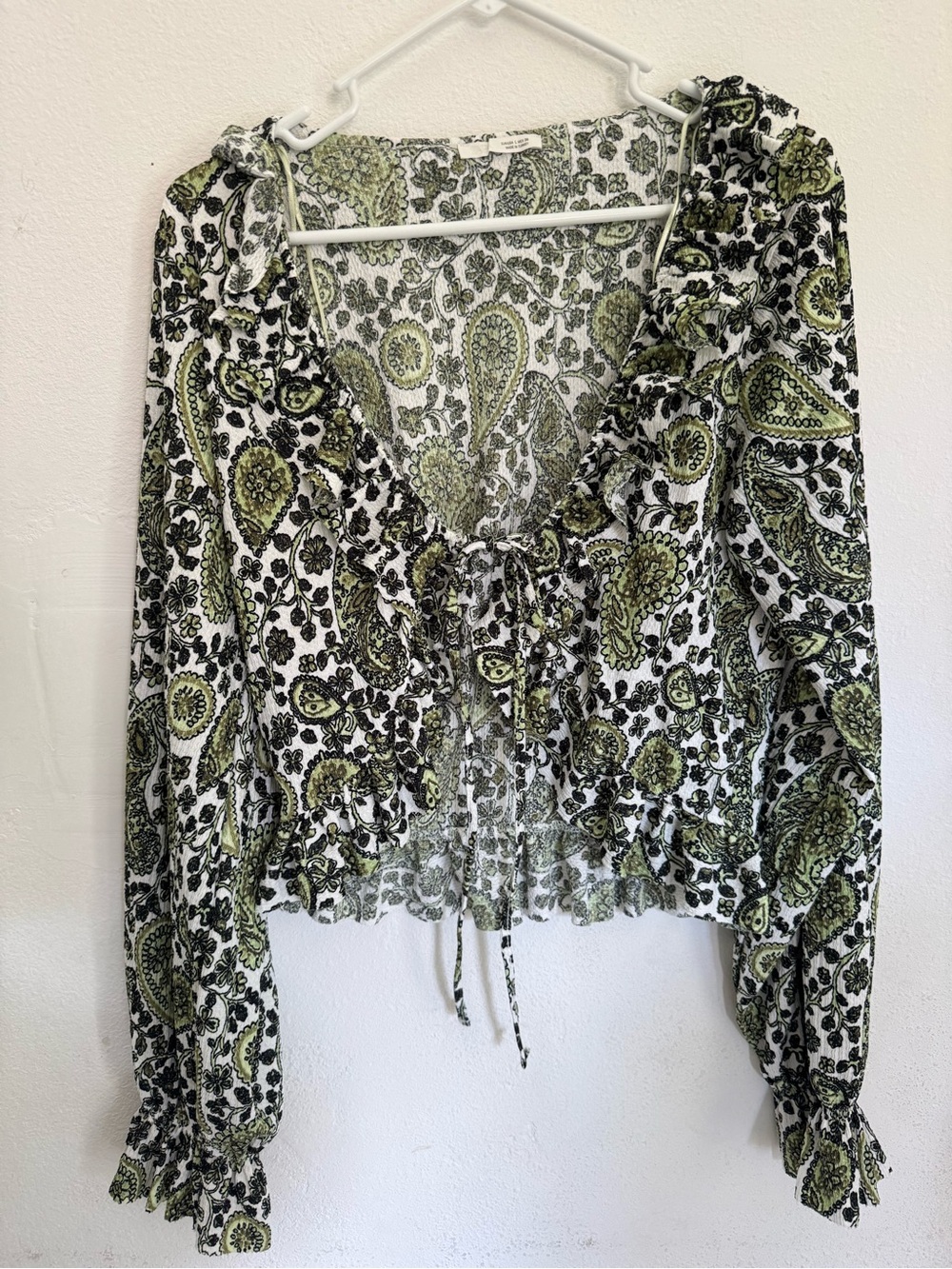 Zara Green and White Paisley Ruffle Tie-Front Blouse